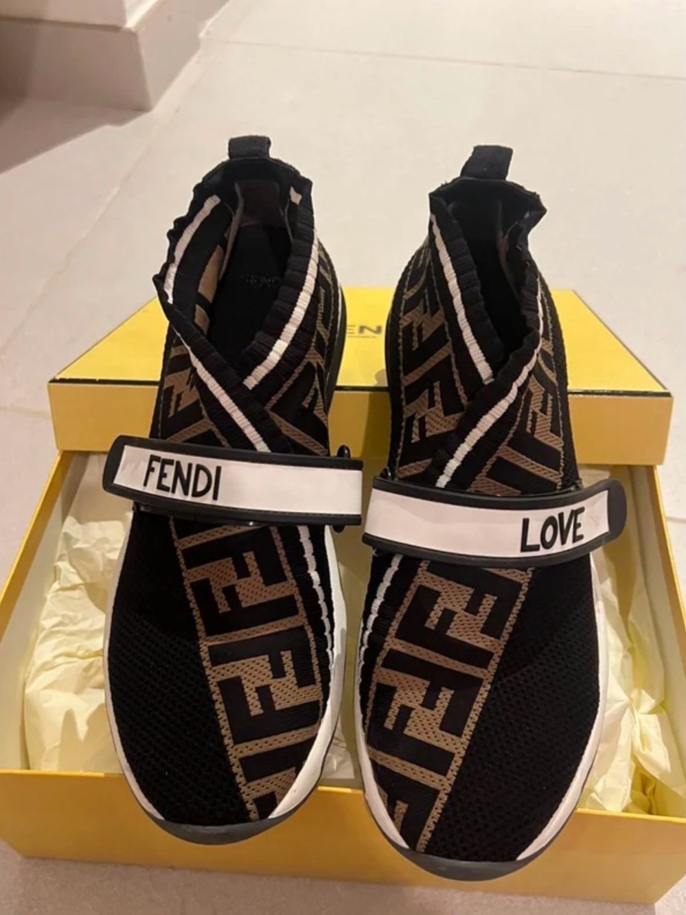 Fendi Black & Brown FF Logo Knit Strap Sneakers - Picture 4 of 5